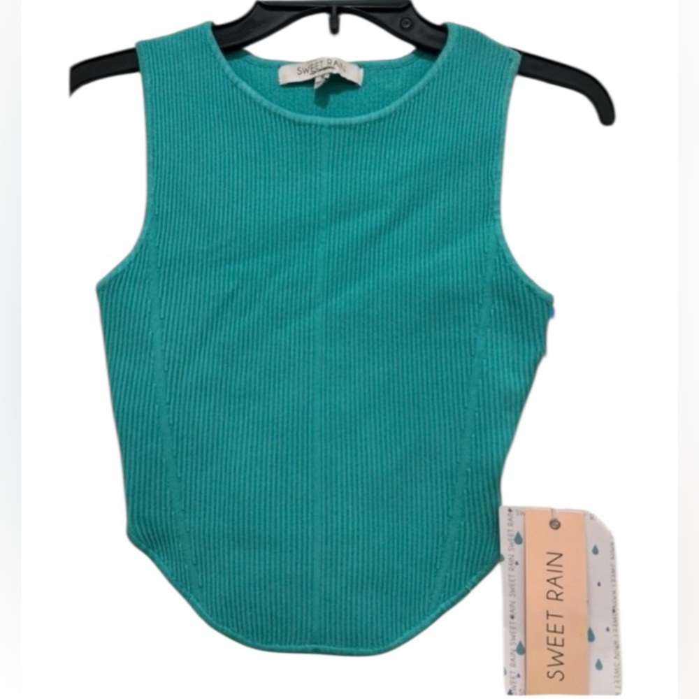 NWT Sweet Rain women’s Small sleeveless knit greenish blue cropped top